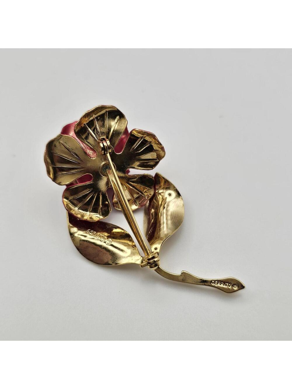 Vintage Cerrito Red Rose Brooch Gold Tone Enamel Floral Pin - Picture 5 of 9